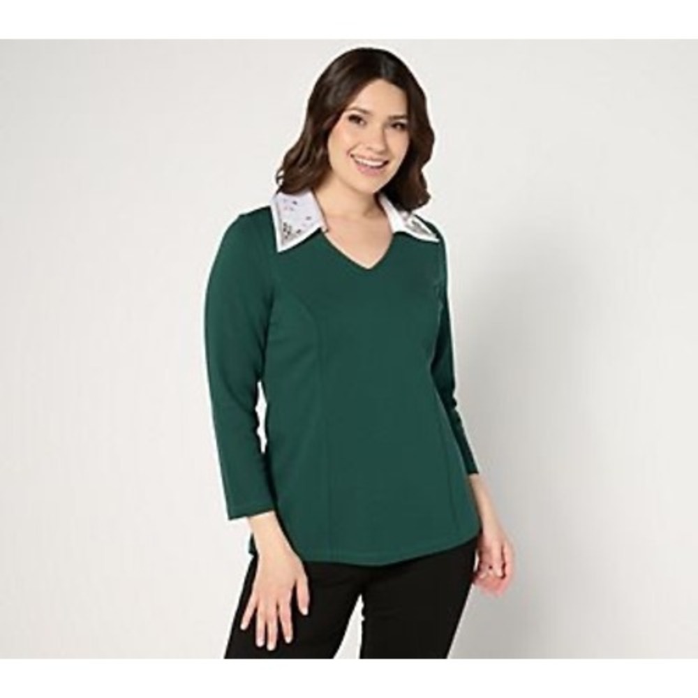 Susan Graver Occasions Embellished Collar Two-fer‎ Top Green White Rhinestone S